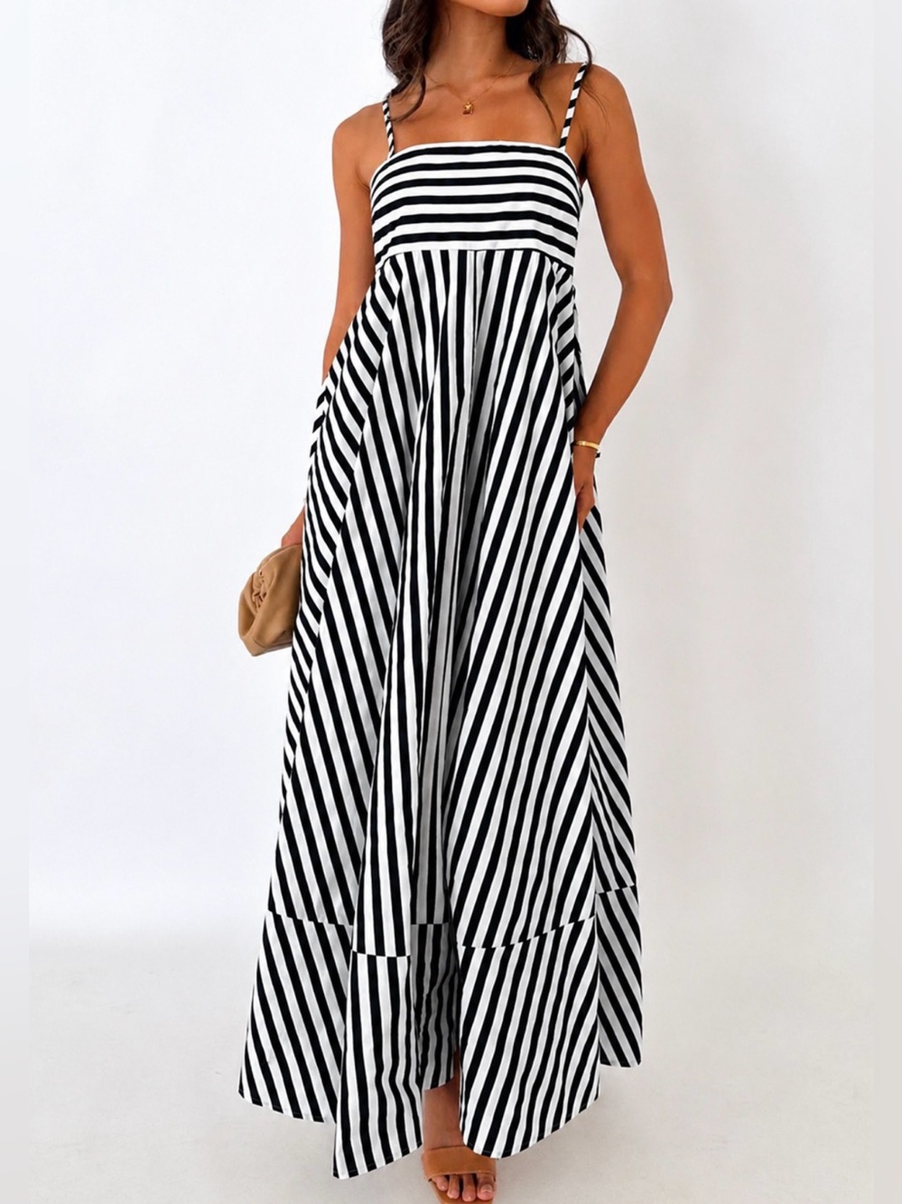 Commense Striped Pleated Cami Long Dress size L